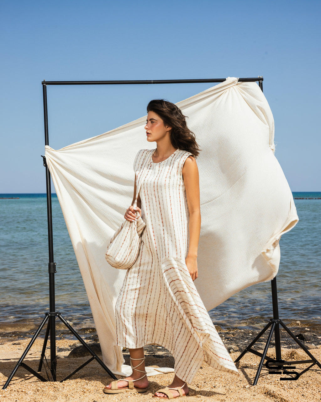 ⁠ ⁠Earthy Striped Oriental Lily Dress and Bag