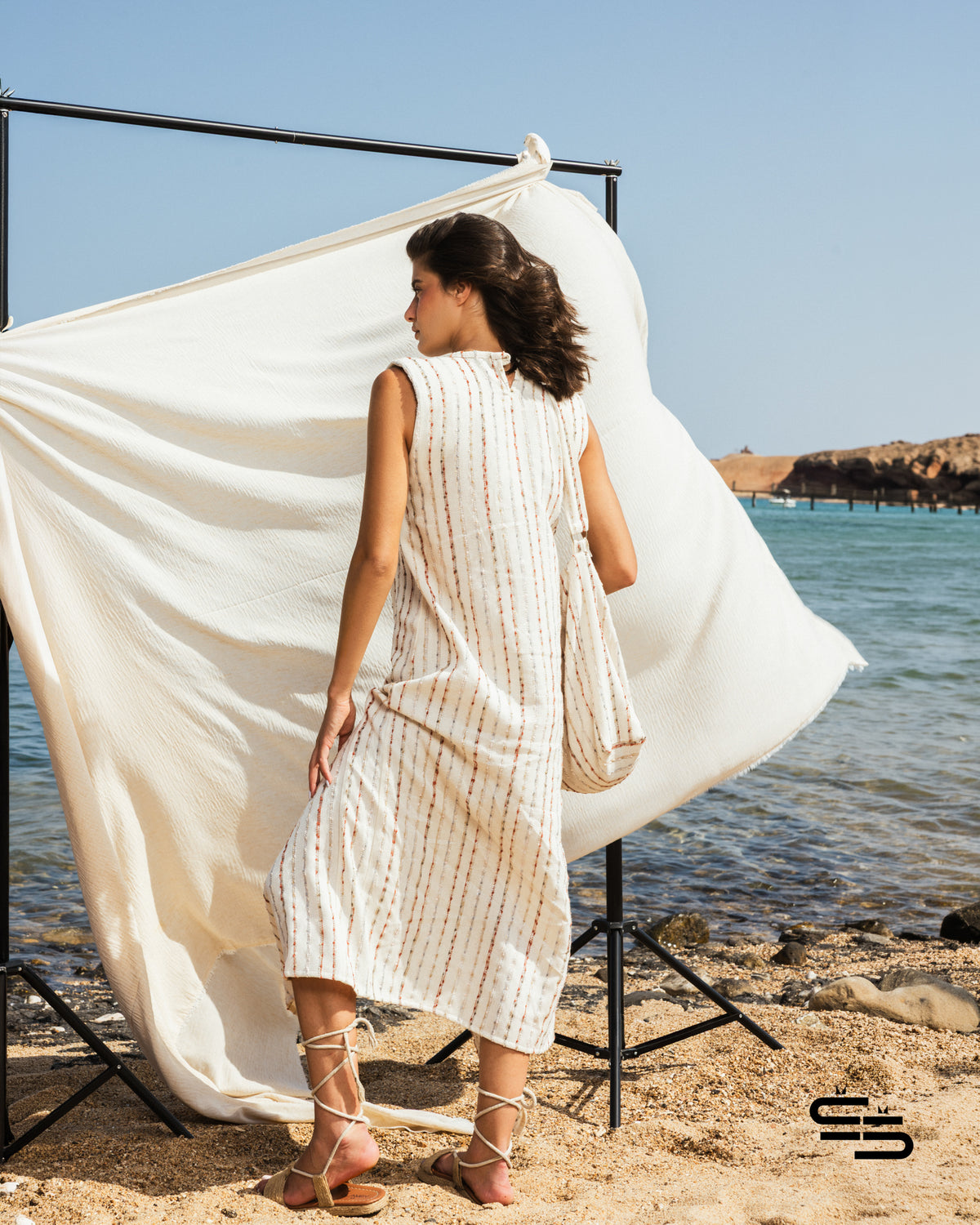 ⁠ ⁠Earthy Striped Oriental Lily Dress and Bag