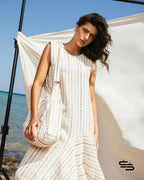 ⁠ ⁠Earthy Striped Oriental Lily Dress and Bag